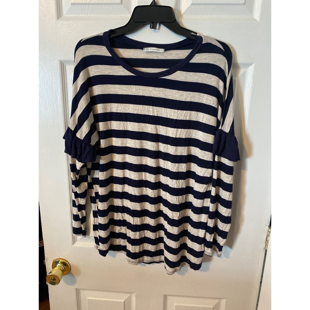 Veveret Womens Navy Blue Cream Striped Ruffle Sleeve Knit Top Large